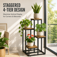 Rak Tanaman 4 Tingkat Modern, Rangka Besi Logam Hitam dan Bagian Atas MDF Motif Kayu, Rak Pot Bunga untuk Balkon, Beranda, Ruang Tamu
