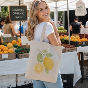 Lemon Print Canvas <b>Tote</b> <b>Bag</b> Funny Aesthetic Reusable Shopping Open Closure Vintage Blue <b>White</b> Porcelain Style Custom Wholesale - Product Image 2