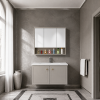 Meuble de salle de bain mural étanche et peu encombrant en acier inoxydable avec lavabo en céramique, armoire de rangement miroir et étagère ouverte