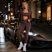 Conjunto Deportivo Premium Personalizado para Mujer, 3 Piezas, Diseño Acanalado, Leggings con Cintura Cruzada y Chaqueta Deportiva con Cierre para Gimnasio y Running
