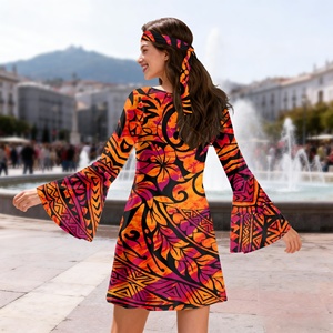 60er 70er Jahre Disco-Kleider für Damen mit Kopftuch, Maßgeschneiderte Retro Hippie Blumenmuster Bunte Glockenärmel-Kleider für Nachtpartys - Product Image 4