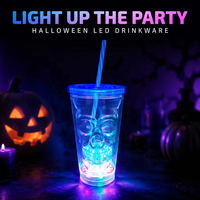 Gobelet à double paroi LED clignotant 16oz pour Halloween en plastique de qualité alimentaire avec paille et couvercle