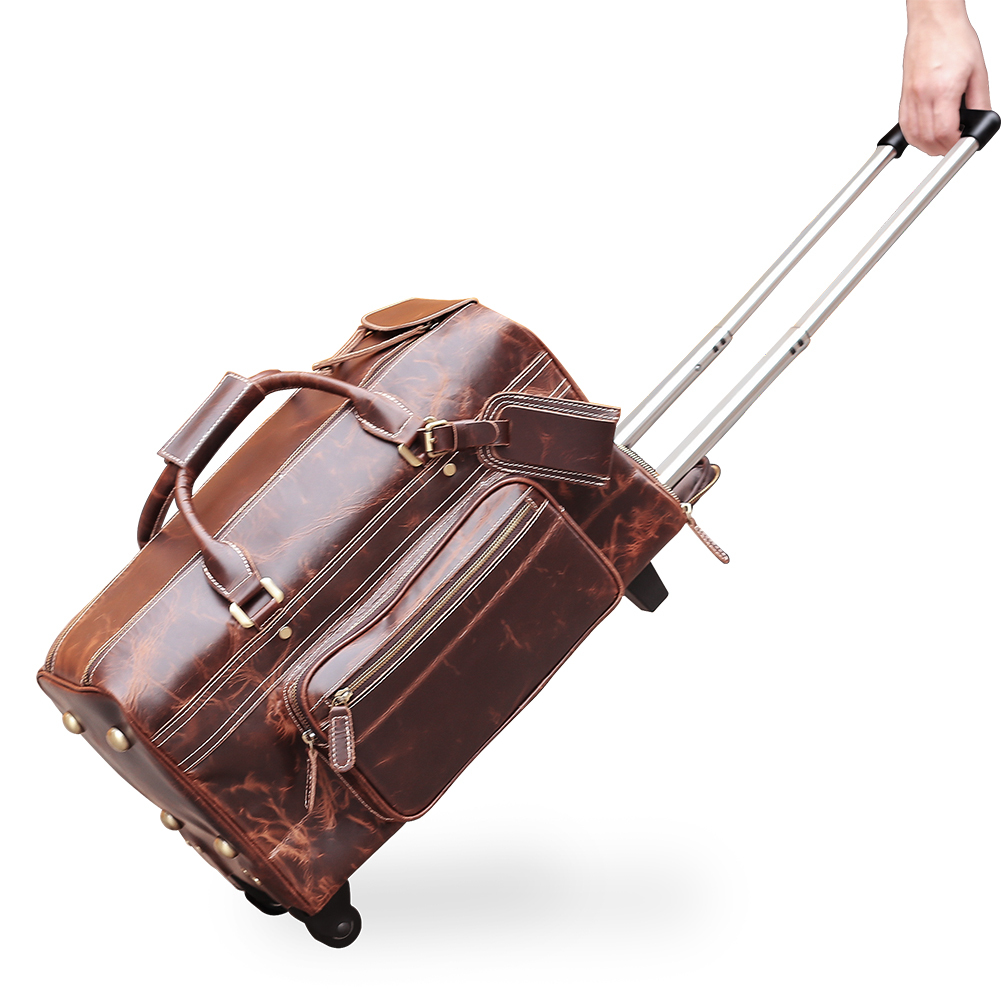 Vintage Design Durable Suitcase Real Leather Travel Luggage Bag Genuine Cow Leather Travel Bag With Wheels