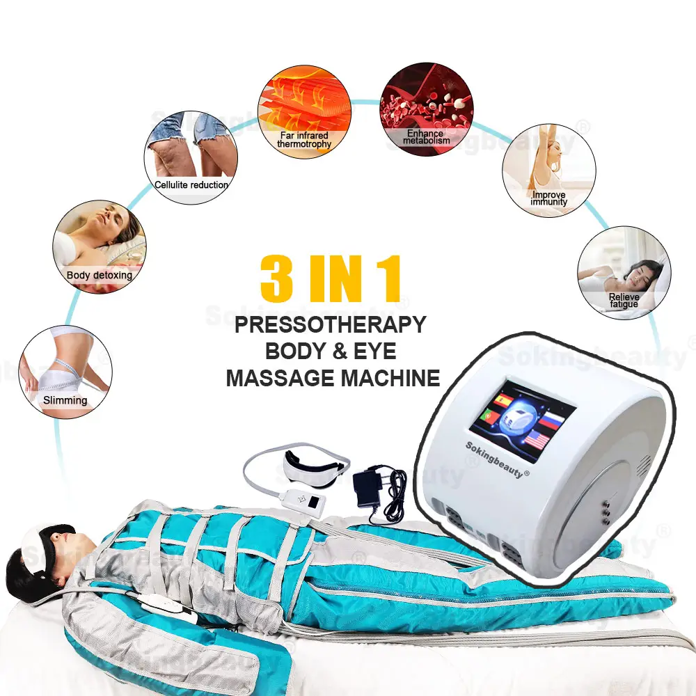 Máquina profissional 3 em 1 para compressão de pernas e botas de pressoterapia, massageador de corpo inteiro, pressoterapia e drenagem linfática