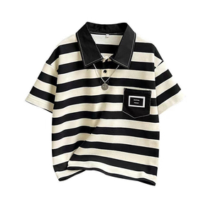 T-shirt en coton pour garçons, vêtements d'été pour enfants plus âgés, haut à manches courtes rayé avec col polo, tendance - Product Image 4