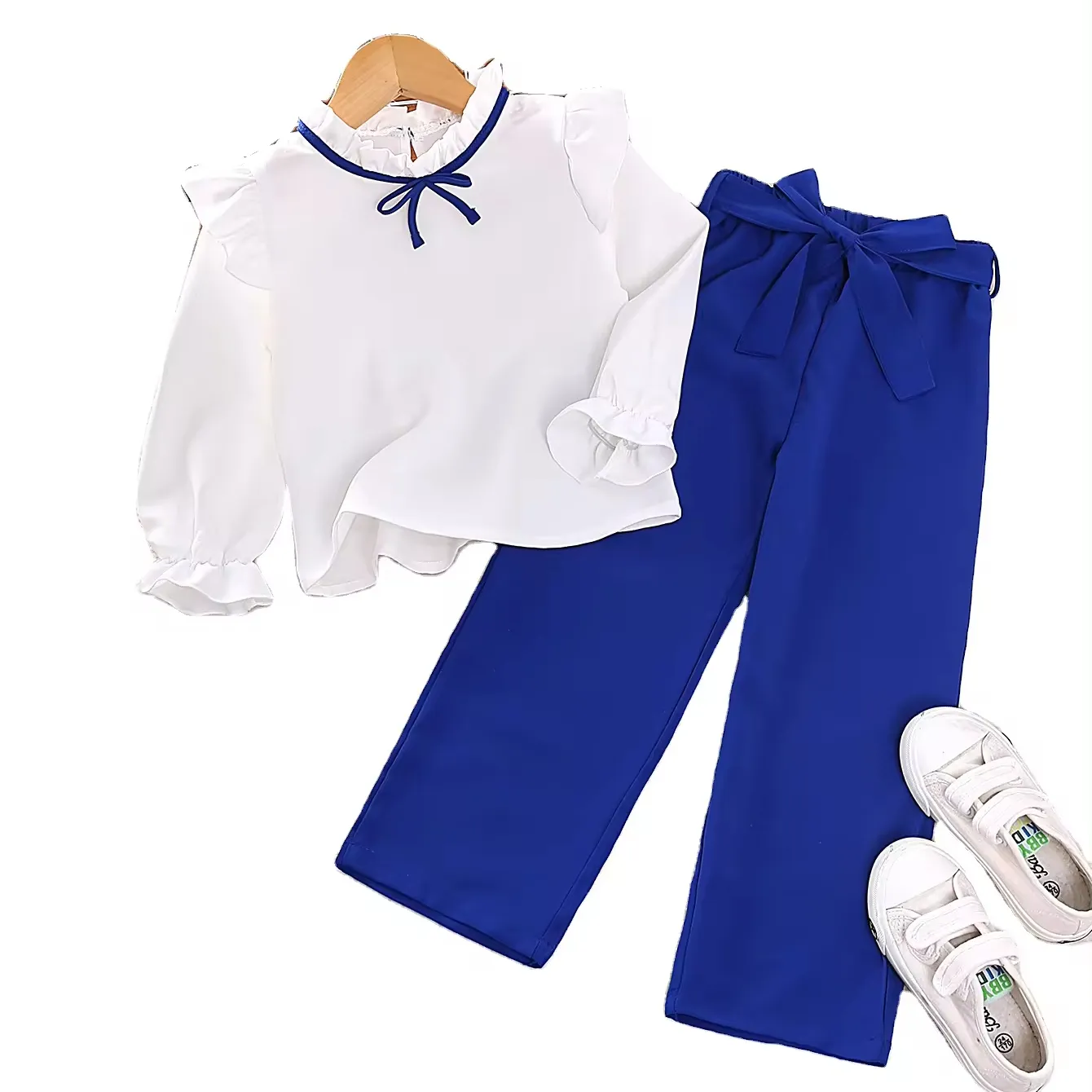 Set di pantaloni a maniche lunghe da ragazza Gavin Yang pantaloni blu camicia bianca a maniche lunghe carino Set di vendite dirette di fabbrica a prezzi accessibili