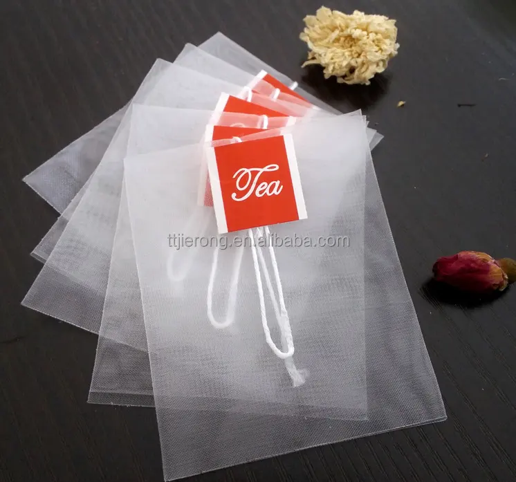 Bustine di tè in Nylon all'ingrosso biodegradabili con stringa e etichetta termosaldabili personalizzate per bustine di tè piramidali