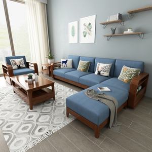 Muebles de Salón de Diseño Sencillo, Sofá Esquinero de Madera Maciza de 6 Plazas con Tela Azul Oscuro de Alta Calidad - Product Image 5