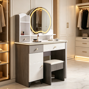 Modern Makeup <b>Vanity</b> With <b>Lighted</b> Oval Mirror Storage Drawers Bedroom Dressing Table With Stool - Product Image 3