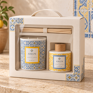 Aikun Blue Yellow Geometric Tile Ceramic Home Fragrance Gift Set with Scented Candle Reed Diffuser Carry Handle <b>Window</b> Box - Product Image 3