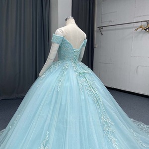Robe de Quinceañera de maternité bleu clair Lsany287 avec appliques en dentelle, tulle à paillettes argentées, robe de bal, corsage en cœur et ourlet festonné - Product Image 5