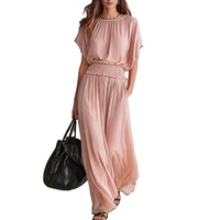 Robe longue en mousseline de soie pour femme, manches chauve-souris courtes, taille élastiquée smockée, plissée, fluide, pour l'été et la plage