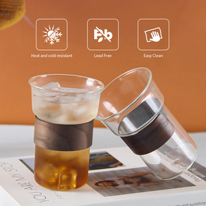 喇叭形硼硅玻璃拿铁杯耐热胡桃木套防烫木带手柄马克杯咖啡杯 - Product Image 2