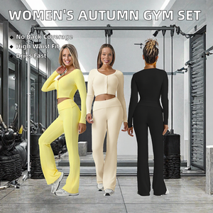 Ensemble de yoga actif 2 pièces pour femme : veste zippée à manches longues, soutien-gorge de sport dos nu à col rond et leggings évasés taille haute - Product Image 2