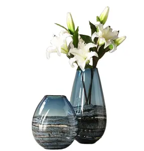 Ручная выдувная цилиндрическая ваза из черного стекла, украшенная резными нитями, толстая пузырьковая бутылка с дном