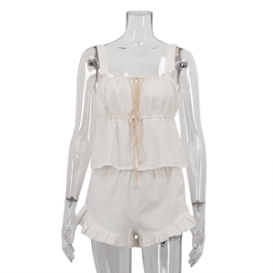 Canottiera corta con lacci <span class=keywords><strong>Beige</strong></span> con coulisse e Hot Pants con elastico in vita in cotone cotone estivo 2 pezzi Set Shorts <span class=keywords><strong>donna</strong></span> - Product Image 4