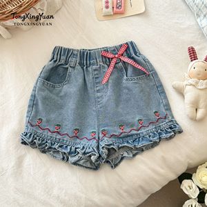 Girls Denim Shorts Strawberry Embroidery Ruffle Hem Summer Baby Bottoms A-<b>Line</b> Style - Product Image 4