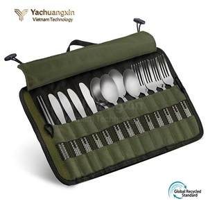 Estuche Enrollable para Cubiertos de Camping Color Verde Oliva, con Cuchillos, Tenedores y Cucharas de Acero Inoxidable - Product Image 2