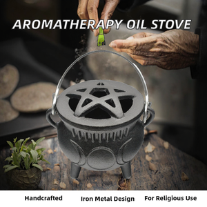 Brûleur d'encens religieux artisanal en fonte avec couvercle et poignée, support d'encens Triple Lune pour la décoration intérieure - Product Image 2