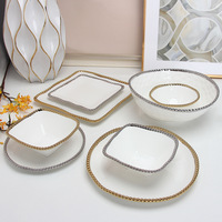Assiettes carrées en céramique à bord doré et à perles, style occidental, pour la maison, salades, desserts, fruits, steaks