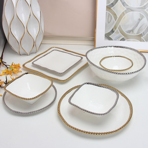 <span class=keywords><strong>Piatti</strong></span> <span class=keywords><strong>Quadrati</strong></span> in Ceramica con Bordo Dorato e Perline, Stile Occidentale, per Insalata, Dessert, Frutta e Bistecca - Product Image 4