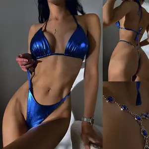 Bikini all'ingrosso in due pezzi blu brillante che blocca i costumi da bagno Bikini a tre punti perizoma donna costumi da bagno