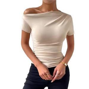 Summer Casual Vintage <b>Women's</b> T-Shirts Elegant One-Shoulder Short Sleeve Slim Fit Regular <b>Crop</b> <b>Top</b> Wholesale Eco-Friendly 100% - Product Image 1