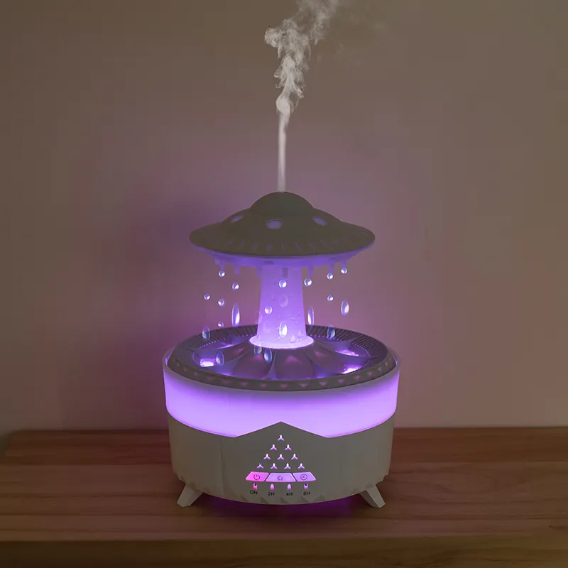 Humidificador de aire UFO de 7 colores personalizado, venta directa para el hogar, difusor de aroma de gota de lluvia ultrasónico de aceite esencial