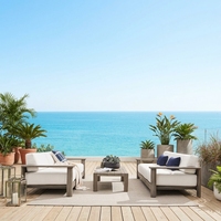 Nouveauté : Ensemble canapé et table basse en teck contemporain avec coussins en tissu imperméable – Mobilier de jardin et de terrasse pour le loisir
