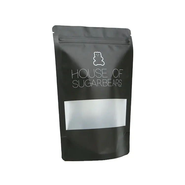 Özel mat siyah kullanımlık fermuar plastik aperatif cips şeker bisküvi şeker temizle pencere ile gıda ambalaj poşetleri Stand Up