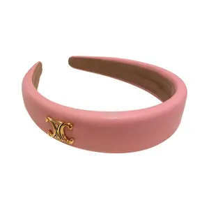 Mode Luxe Effen Kleur Lederen Haarband Brede Hoofdband Elegante Vrouwen Spons Gewatteerde Hoofdband