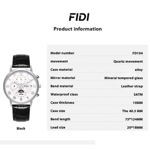 Montre à quartz multifonction FIDI pour homme, phase de lune, cadran à chiffres romains, bracelet en cuir noir et marron, étanche 3ATM, montre-bracelet pour affaires - Product Image 5