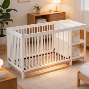 Lit bébé en bois de style américain avec table à langer, lit bébé en pin avec tiroirs ou rangements - Product Image 1