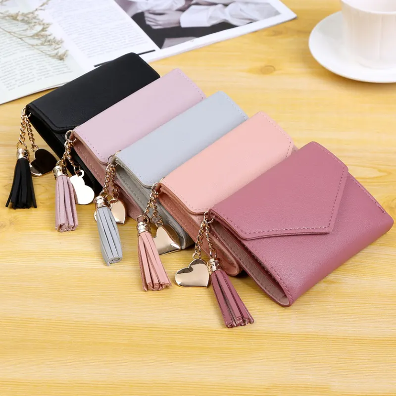 KOMI Fashionable Custom Cute Card Bag Tassel Heart Charms Leather Wallet Trendy Money Clip Wallet Coin Purse Wallets for Women