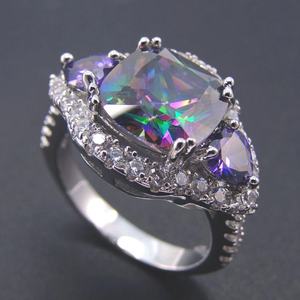 Anillos de Plata de Ley 925 con Topacio Místico Arcoíris de Corte Cojín y Amatista, Joyería Pave CZ - Product Image 3