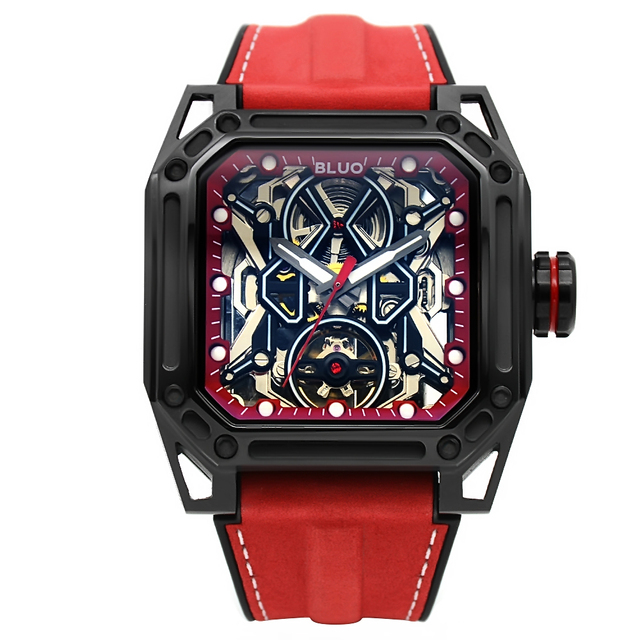 Luxury Men's New Design Watch Stainless Steel Case 22mm Leather Strap Skeleton Luminous Dial Square Shape Fashionable Latest Age