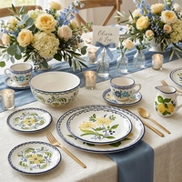 Assiettes de dîner en céramique citronnée style méditerranéen, service de vaisselle de luxe en porcelaine à motif floral vintage, assiette de présentation pour événements de mariage et hôtels