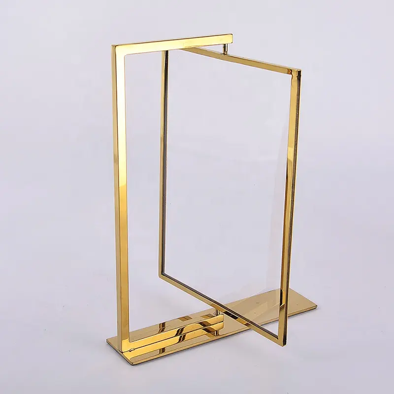 High End Shiny Gold Standing A4 Sign Holder Double Side Rotating Price Tag Holder A4 Metal Promotion Adhesive Sign Holder