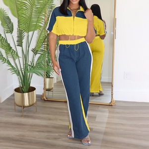 Conjunto de 2 piezas casual de moda para mujer: Top de mezclilla con cuello de colores y cremallera y pantalones de pierna ancha - Product Image 4