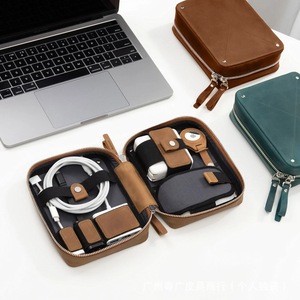 กระเป๋าเก็บสายเคเบิล Crazy Horse Leather 3C Electronics Organizer ขนาดใหญ่ สำหรับเดินทาง พร้อมซิปปิด - Product Image 1