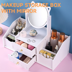 Cosmetic Storage Box With <b>Mirror</b> Desktop Vanity Organizer Rotating Portable For Bedroom Dormitory - Product Image 5