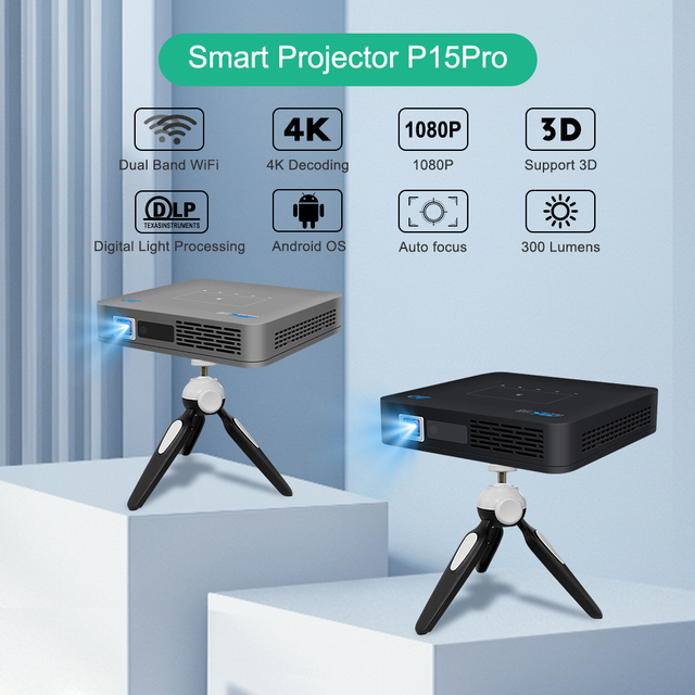 Factory Price P15Pro Smart DLP Projector Full HD 1080P 300 ANSI Lumens Android 9 Auto Focus 300 Inch Screen Home Video Outdoor
