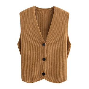 صدرية محبوكة بدون أكمام برقبة حرف V عميقة للسيدات بدون أكمام من الصوف غير رسمي مضلع مخطط ملابس تريكة OEM ODM/للبيع بالجملة - Product Image 1