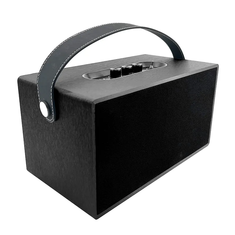 Tout nouveau caixa de som top sellers haut-parleur portable moderne armoire en bois + cuir microfibre + gril en PVC