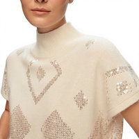 Pull à manches courtes pour femmes personnalisé basique demi col roulé motif géométrique paillettes brodées