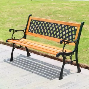 Outdoor Staal Gietijzer Benen Park Bench 2 Zits 7 Latten Houten Bank Met Back