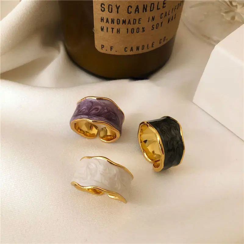 NUORO Newest Hot Huggie Gold Drop Oil Ring Korean Statement Rings For Women Jewelry Wide Irregular Brass Enamel Opening Ring