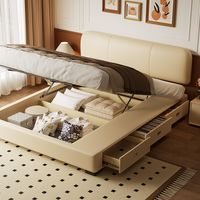 Lit en cuir véritable de luxe nordique avec tête de lit réglable et fine, tiroir et coffre de rangement, lit double pour petite chambre
