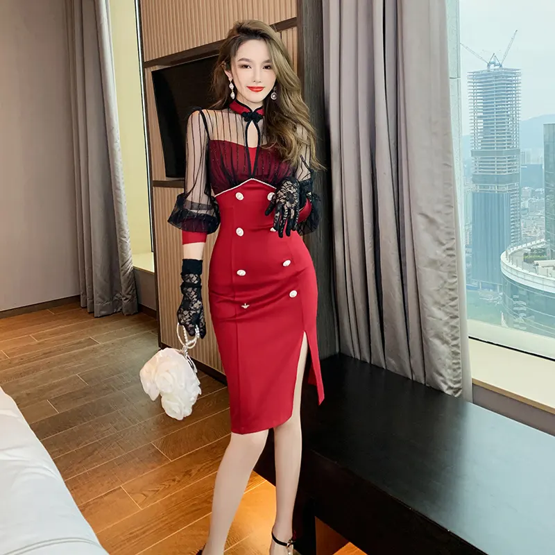 Popular Style 2022 Sexy Mesh Hollow Dress Ladies Double Breasted Pencil Dress Female Red Gown Dresses Women