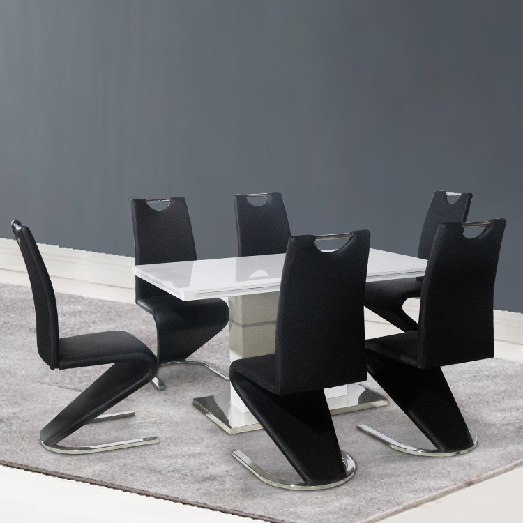 Modern Design high quality Dining Room Furniture Metal Legs Top Glass Black Dining Table Set 6 Chairs Dining Room Set